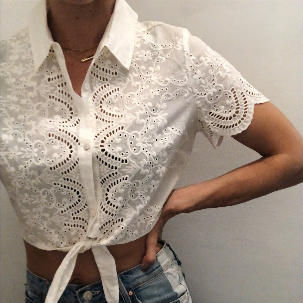 Cropped white button down with eyelet details